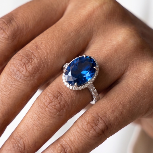Sapphire Blue Oval Diamond Ring - Silver- 0.25 CT