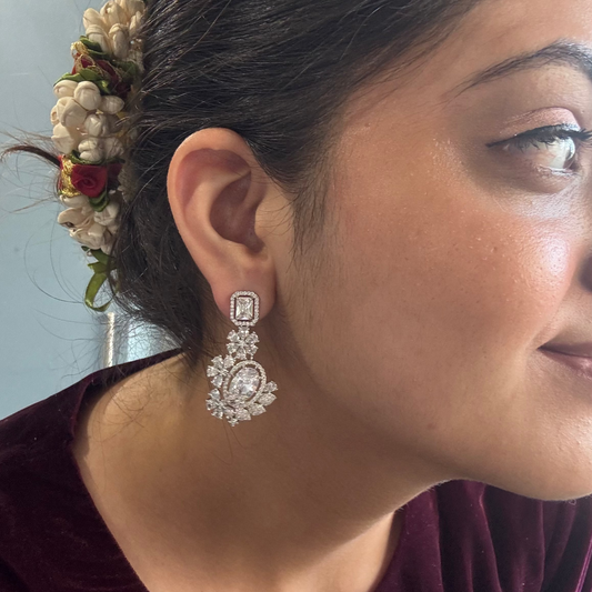 Close-up of a woman wearing a sparkling earring with a blurred background