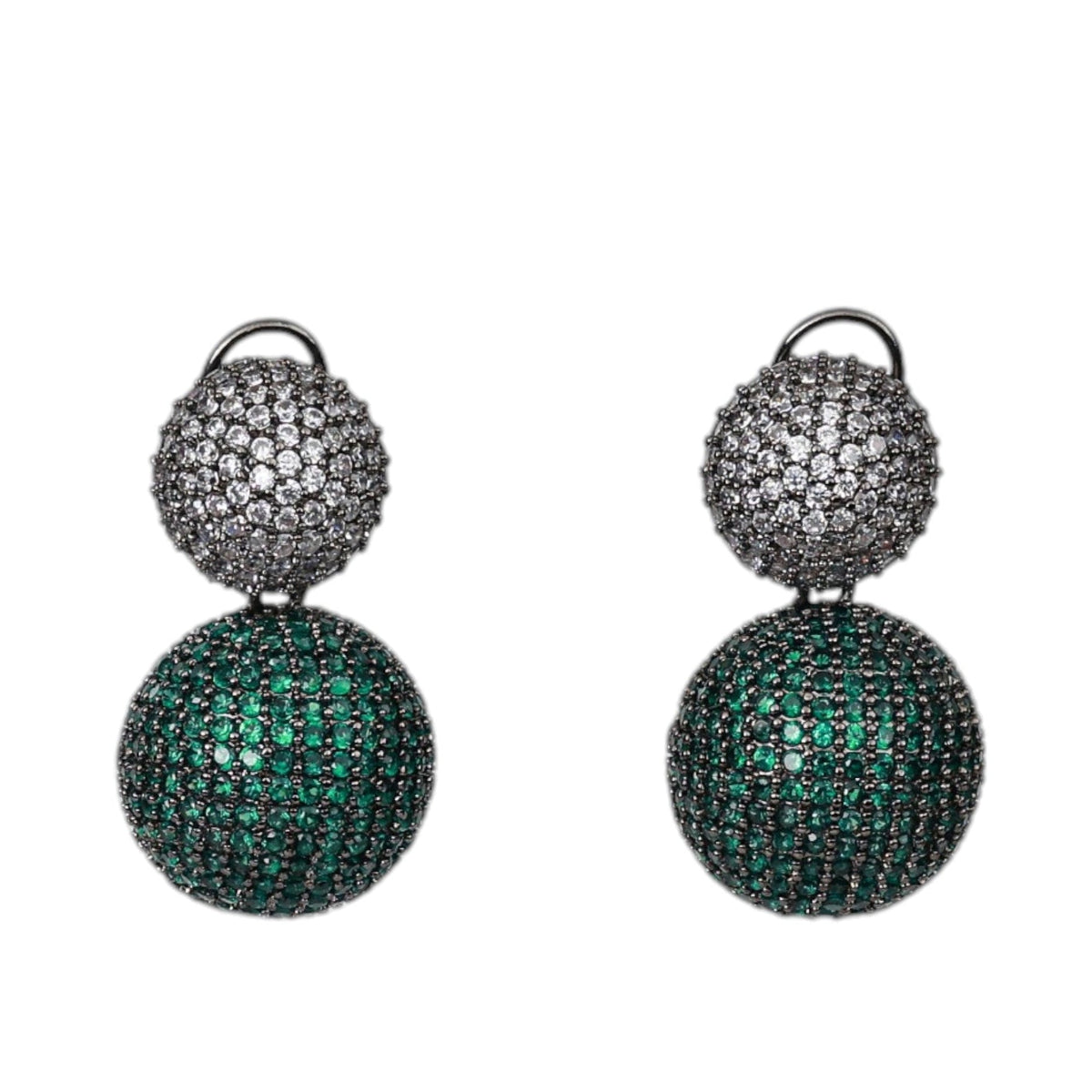 Pair of earrings with green and black gemstones on a white background