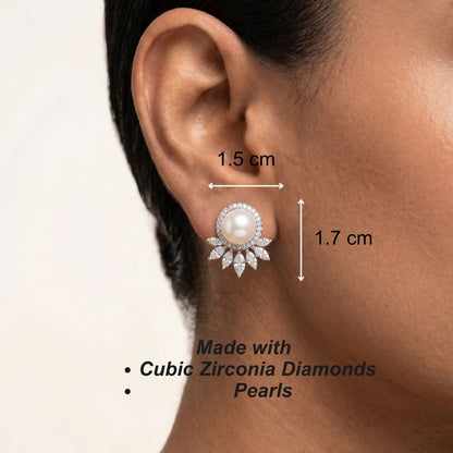Safa Stud Earrings - Silver & Pearl