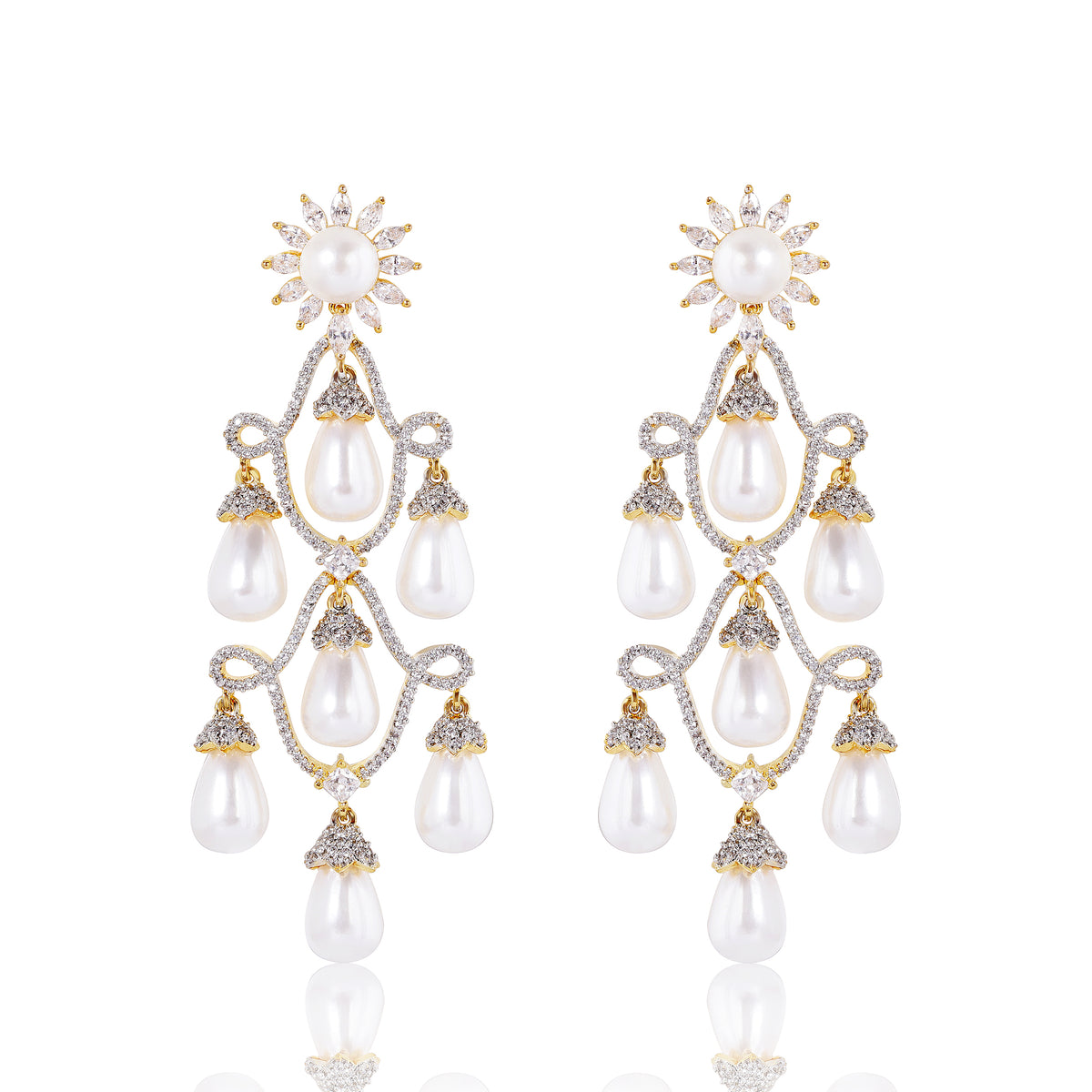 Chandelier Diamond Danglers - Gold, Silver & Pearl