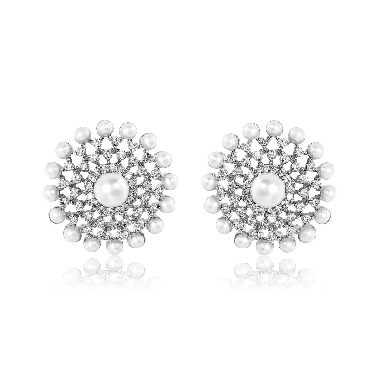 Noura Stud Earrings - Silver & Pearl