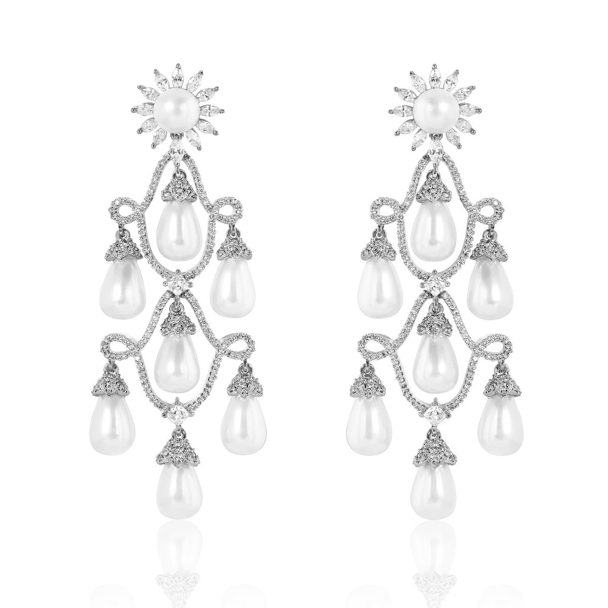 Chandelier Diamond Danglers - Silver & Pearl