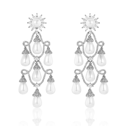 Chandelier Diamond Danglers - Silver & Pearl