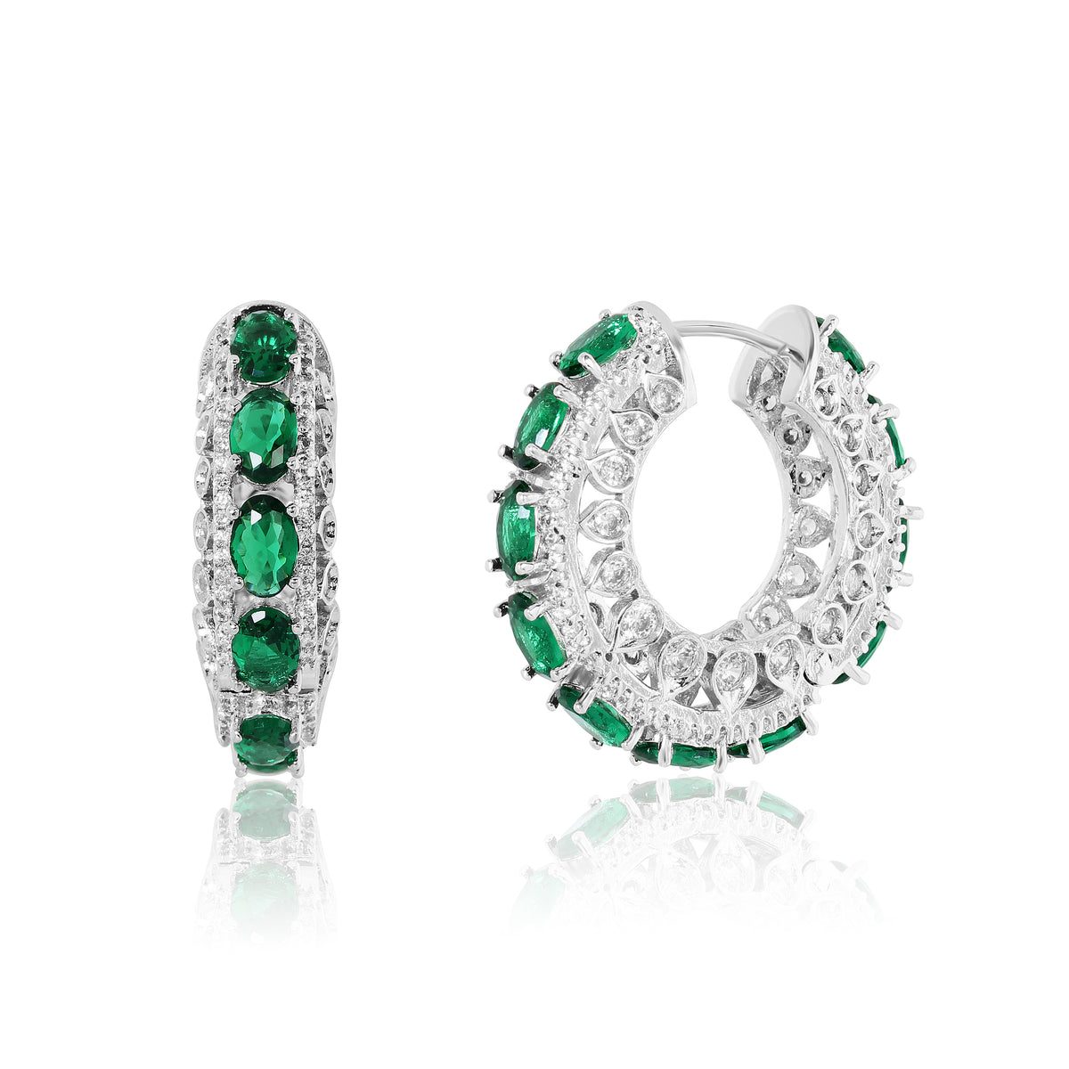 Pair of hoop earrings with green gemstones on a white background