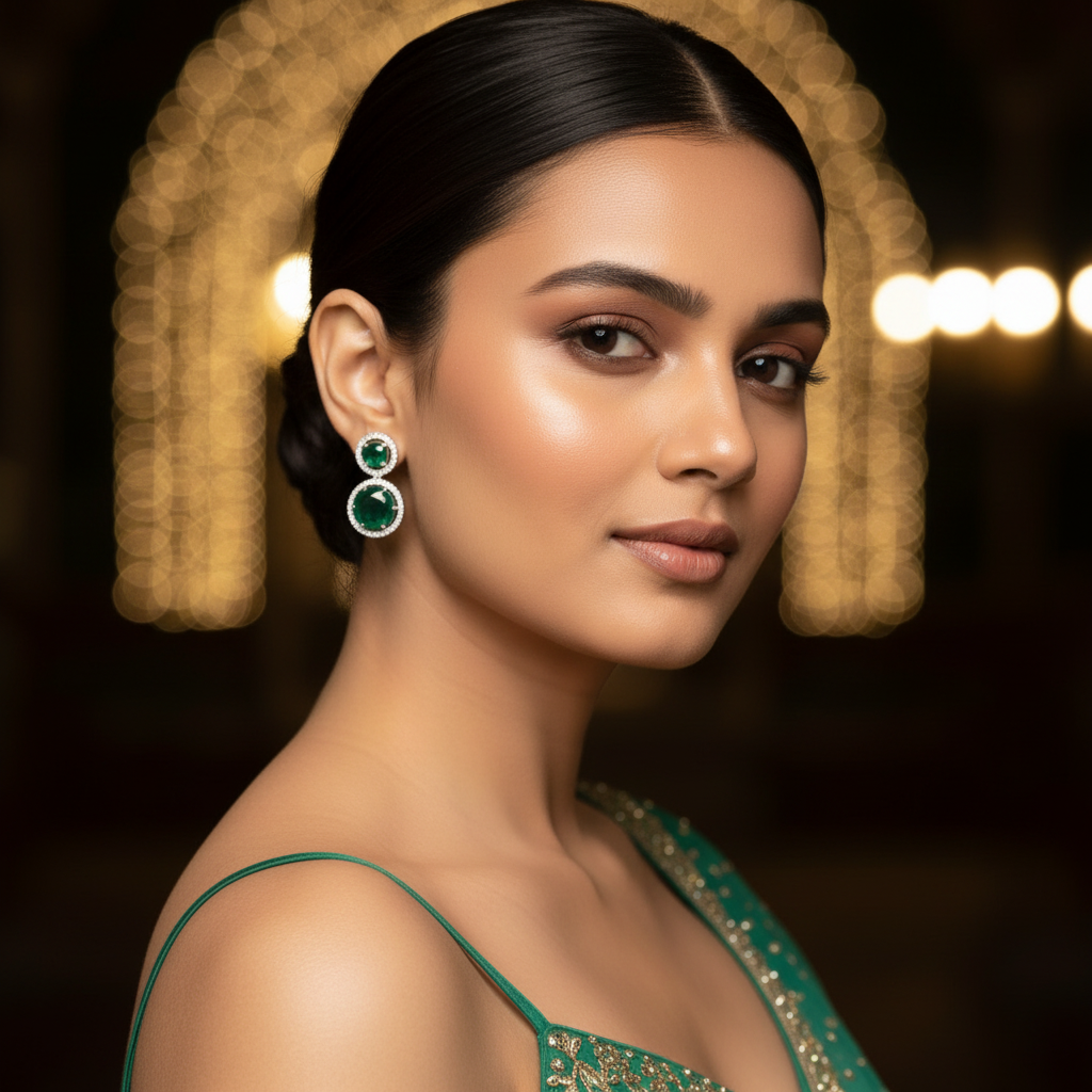 Woman wearing green earrings and a green outfit with a blurred background