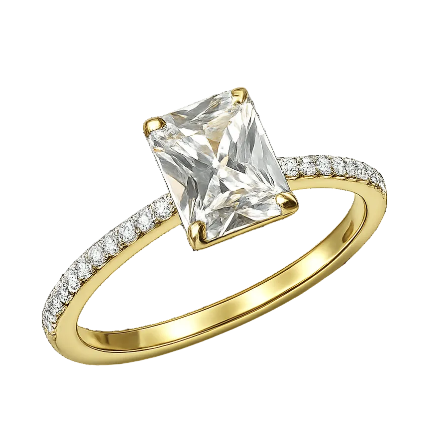 Gold ring with a large diamond and smaller diamonds on the band against a white background