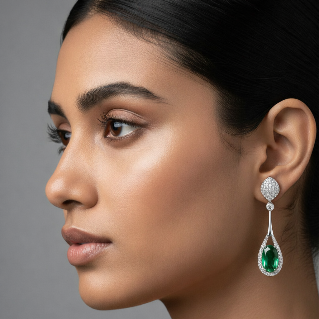 Woman wearing a green gemstone earring against a gray background