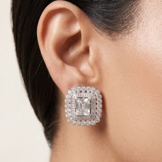 Frost Square Stud Earrings - Silver