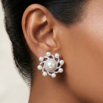 Laila Stud Earrings - Silver & Pearl