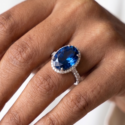 Sapphire Blue Oval Diamond Ring -  Silver- 0.25 CT