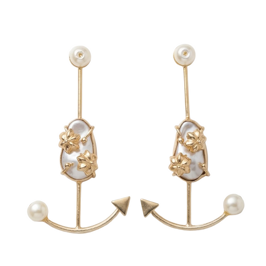 Pair of gold earrings with pearl accents on a white background
