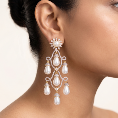 Chandelier Diamond Danglers - Gold, Silver & Pearl