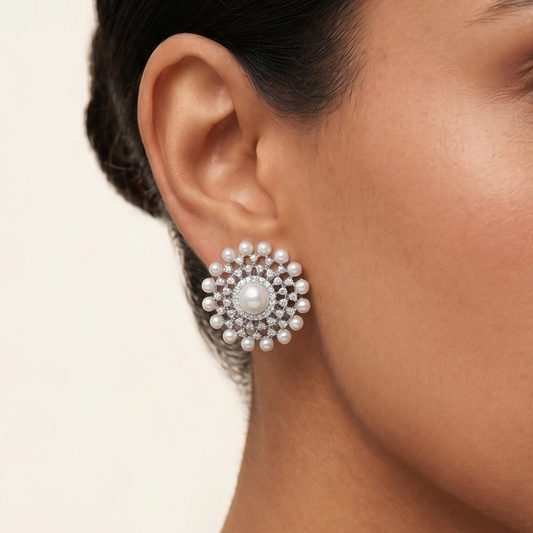 Noura Stud Earrings - Silver & Pearl