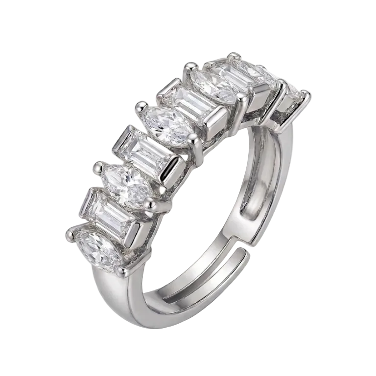 Silver ring with baguette-cut diamonds on a white background