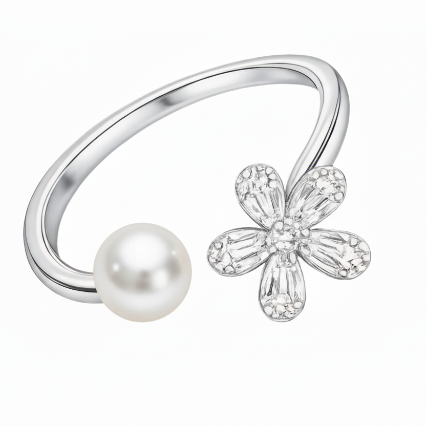 Silver ring with a pearl and flower-shaped diamond on a white background