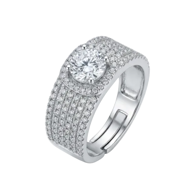 Silver ring with a large central gemstone and smaller stones on a white background