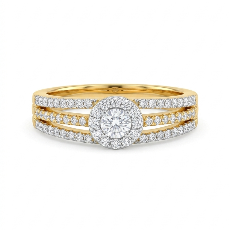 Gold and diamond ring on a white background