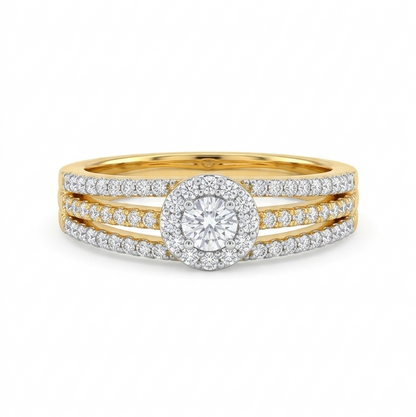 Gold and diamond ring on a white background