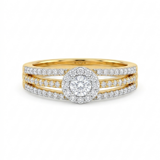 Gold and diamond ring on a white background