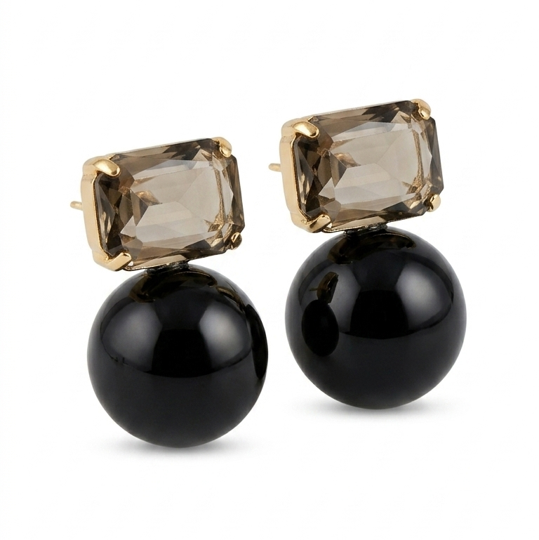 Black Stone & Pearl Studs - Gold