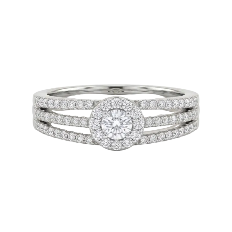 Silver ring with multiple diamond settings on a white background