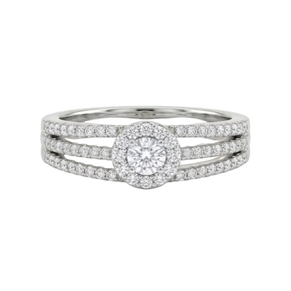 Silver ring with multiple diamond settings on a white background