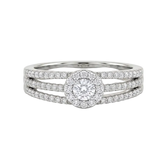 Silver ring with multiple diamond settings on a white background