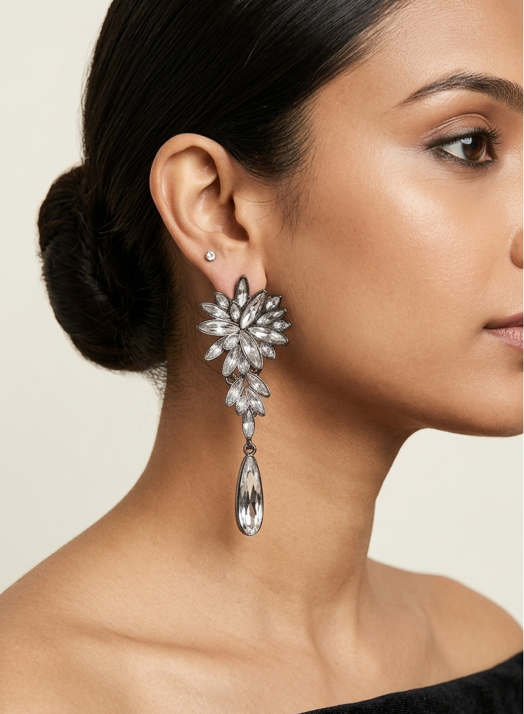 Swarovski stone Silver Floral Danglers
