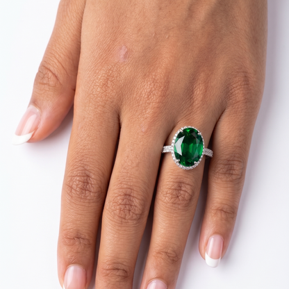 Emerald Green Oval Diamond Ring -  Silver- 0.25 CT