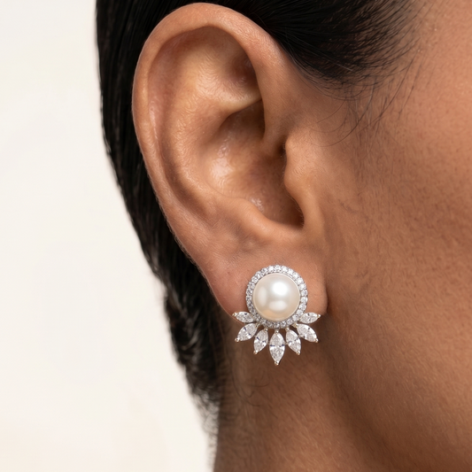 Safa Stud Earrings - Silver & Pearl