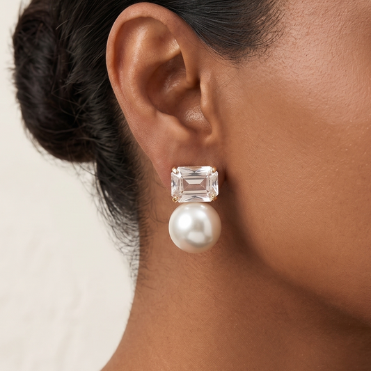 White Stone & Pearl Studs - Gold