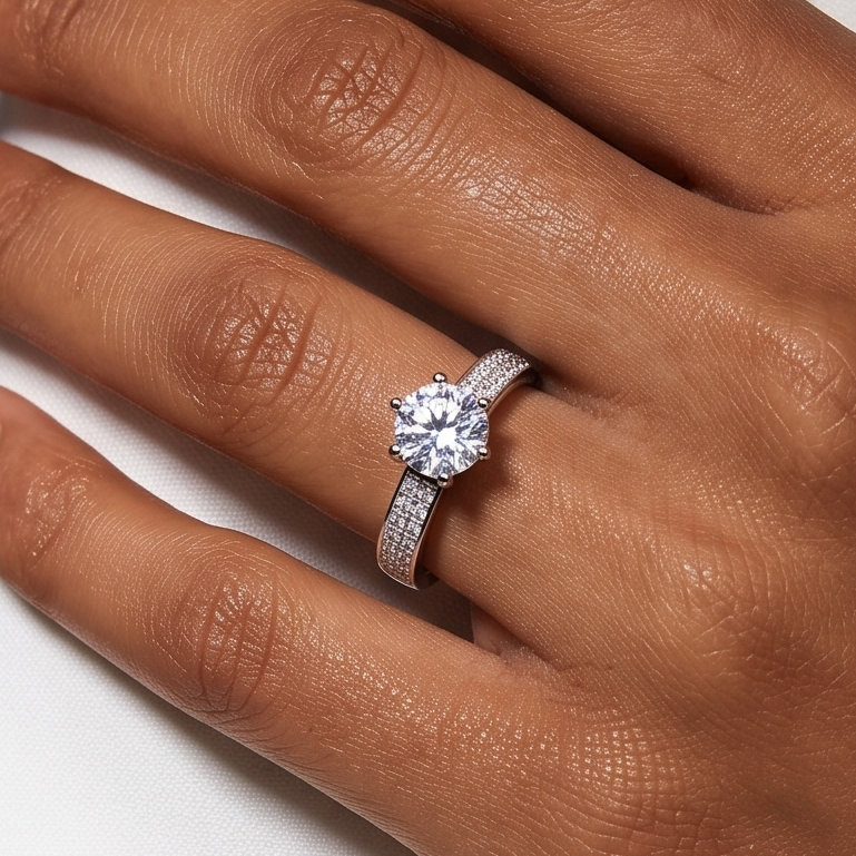 Sleek Band and Solitaire Ring - Silver - 1 CT