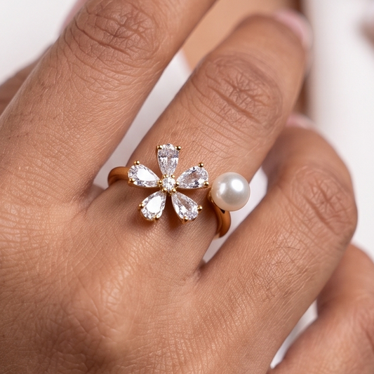 Floral Pearl Ring - Gold & Silver
