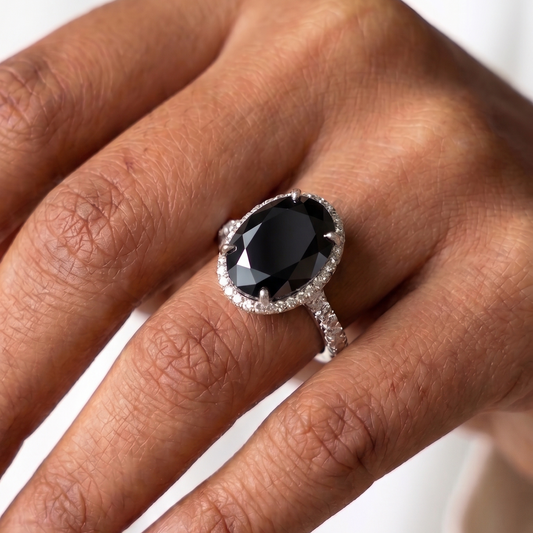 Black Oval Diamond Ring -  Silver - 0.25 CT