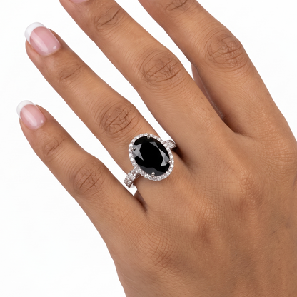 Black Oval Diamond Ring -  Silver - 0.25 CT