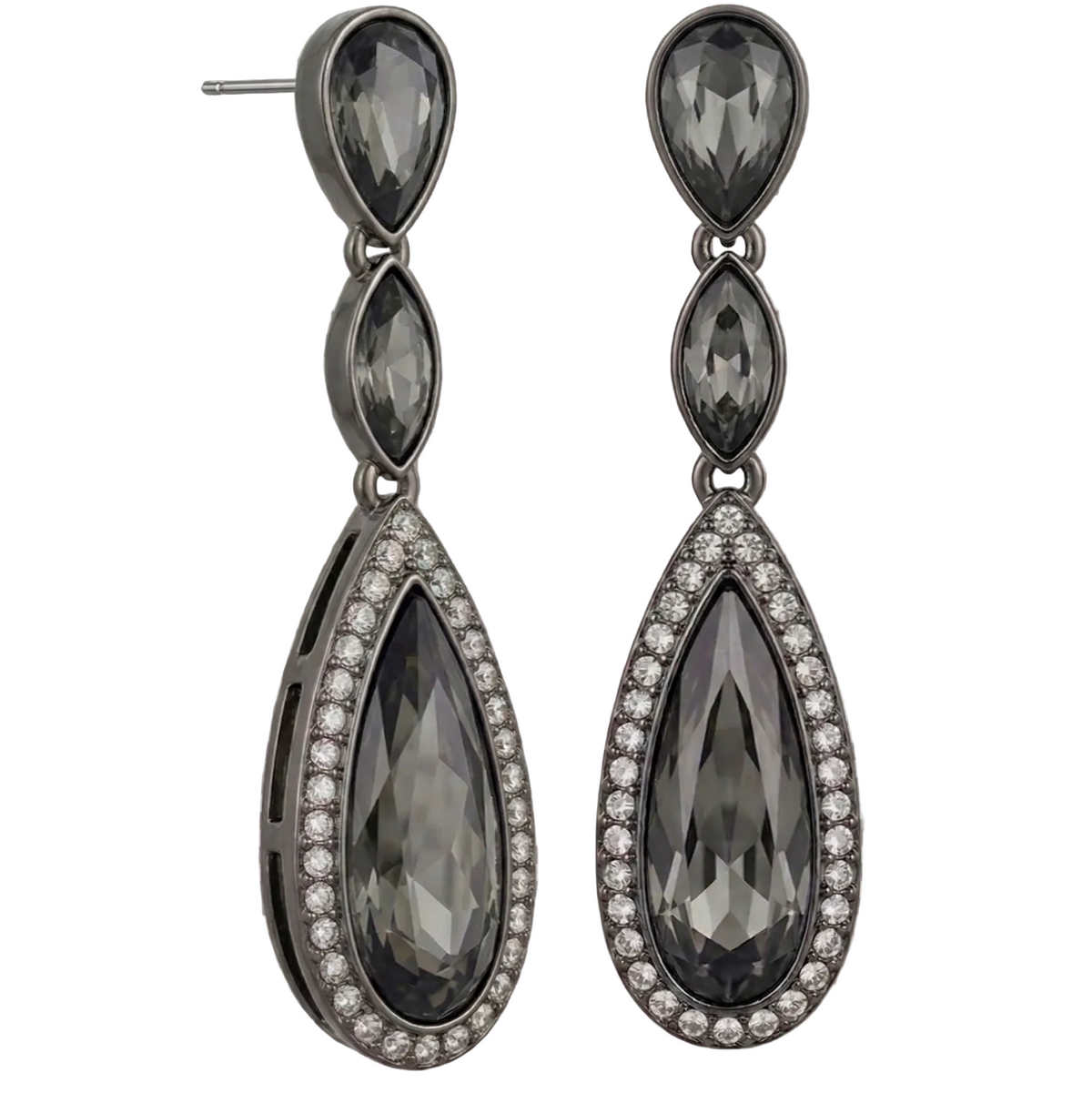 Pair of teardrop-shaped earrings with dark gemstones on a transparent background