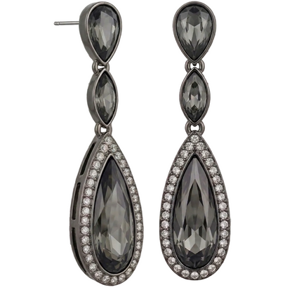 Pair of teardrop-shaped earrings with dark gemstones on a transparent background