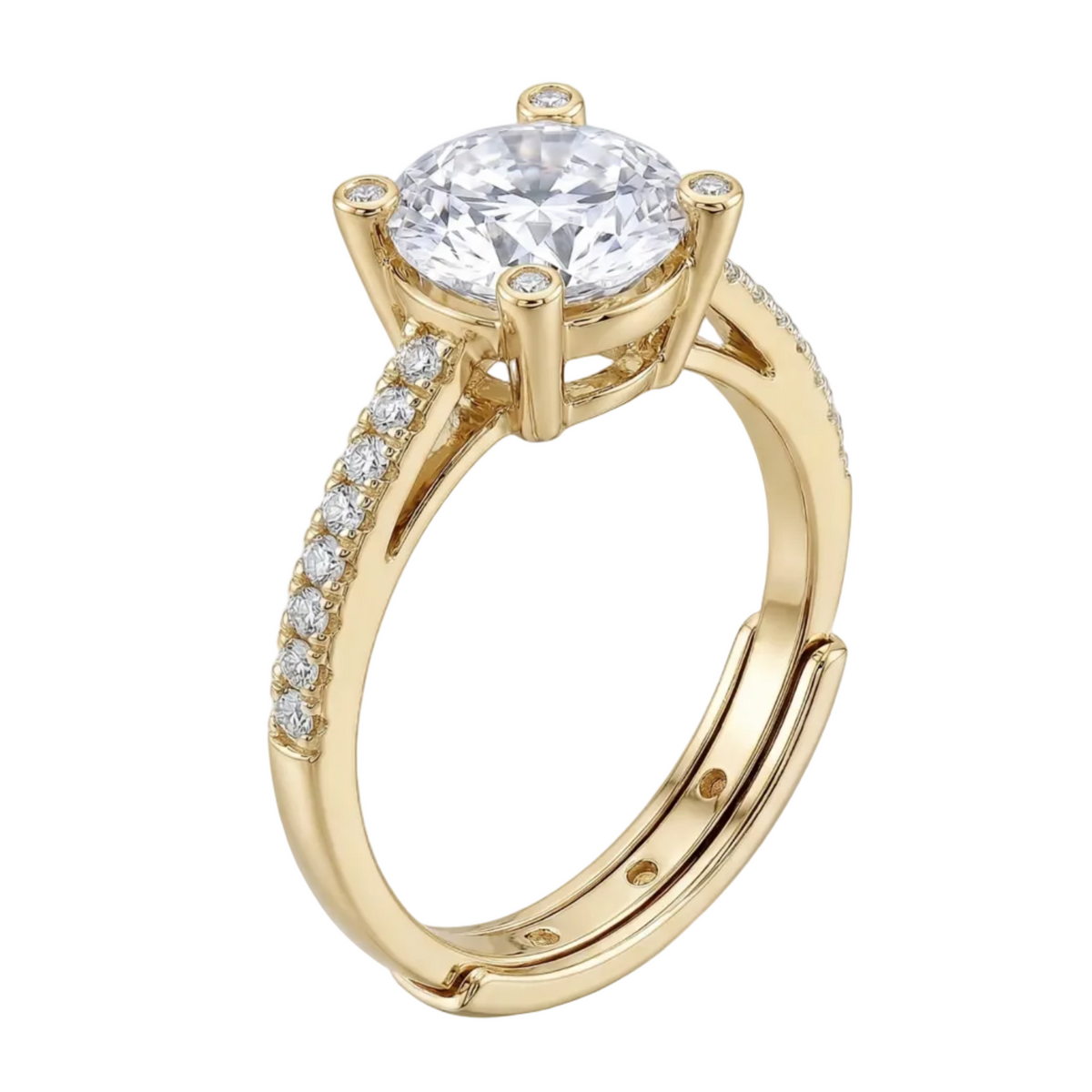 Gold ring with a large diamond and smaller diamonds on the band against a white background