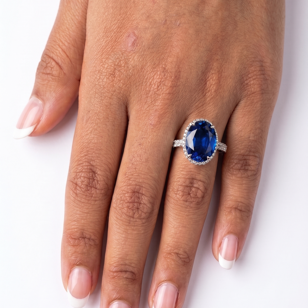 Sapphire Blue Oval Diamond Ring -  Silver- 0.25 CT
