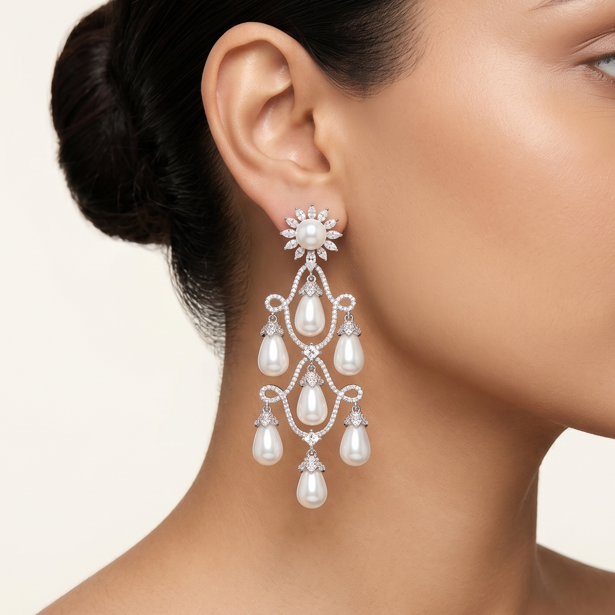 Chandelier Diamond Danglers - Silver & Pearl