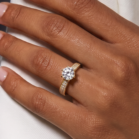 Sleek Band and Solitaire Ring - Gold (2 Tone) - 1 CT