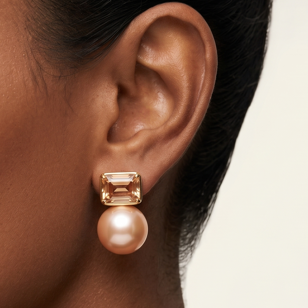 Champagne Stone & Pearl Studs - Gold