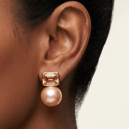 Champagne Stone & Pearl Studs - Gold