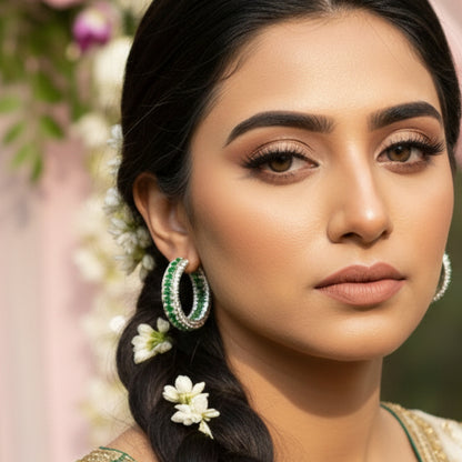 Close-up of a person wearing green hoop earrings with a blurred outdoor background