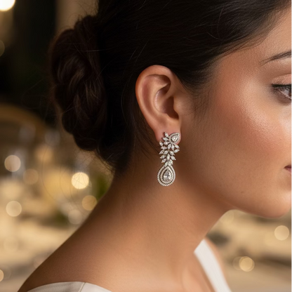 Woman wearing a decorative earring with a blurred background