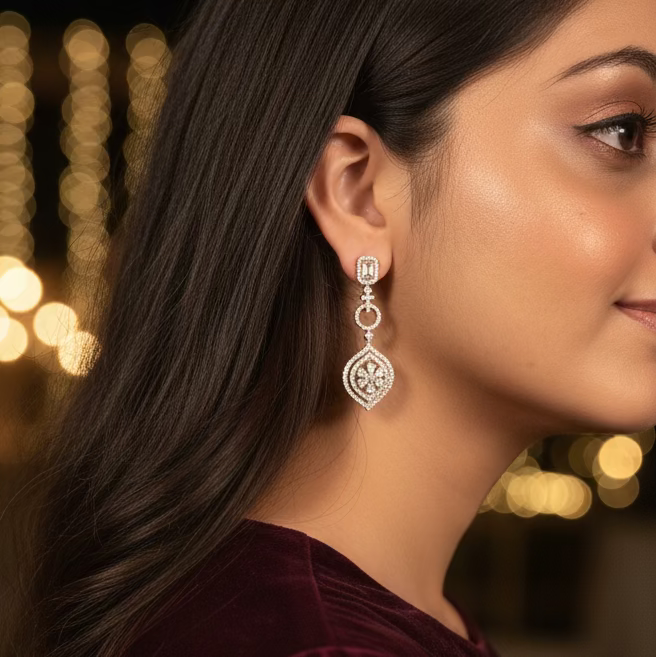 Woman wearing a decorative earring with a blurred background