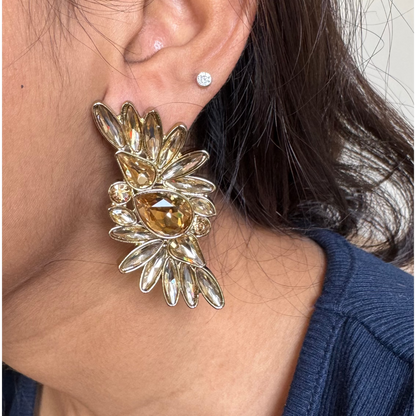 Close-up of a person wearing a large, ornate earring with a neutral background