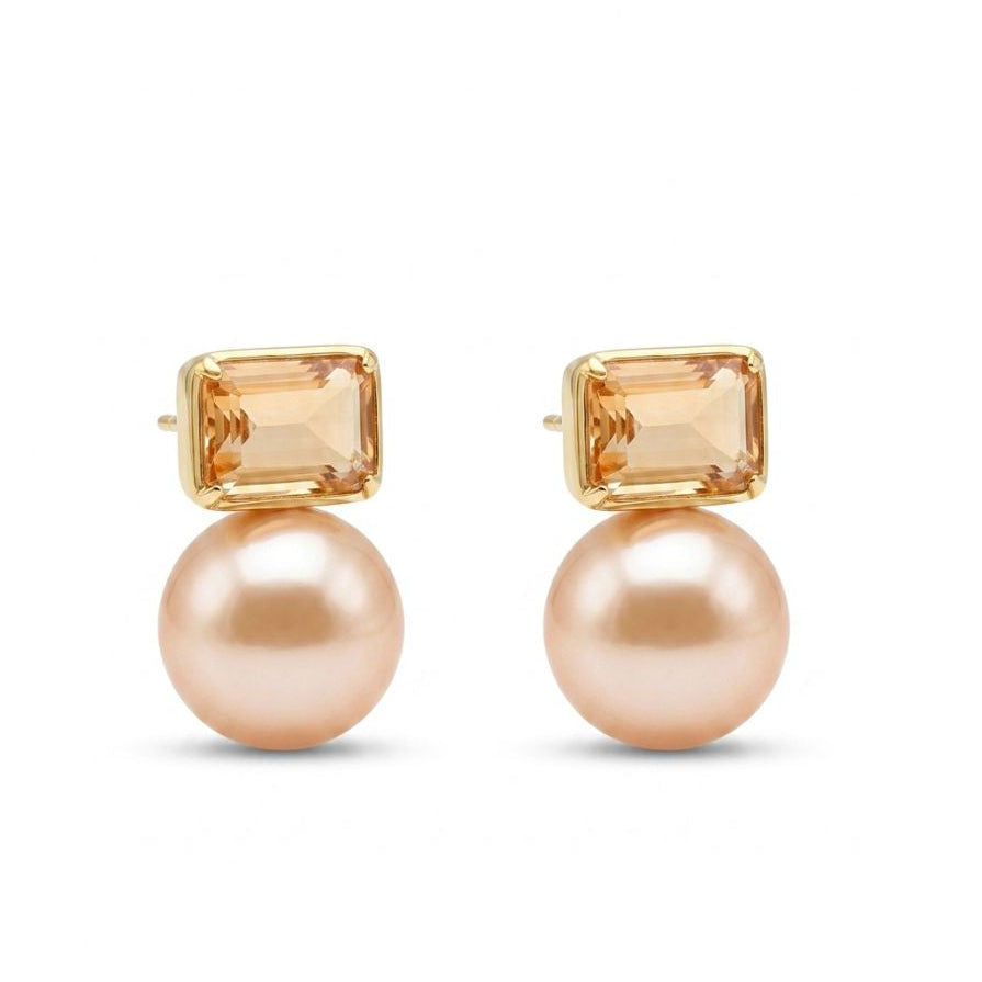 Champagne Stone & Pearl Studs - Gold