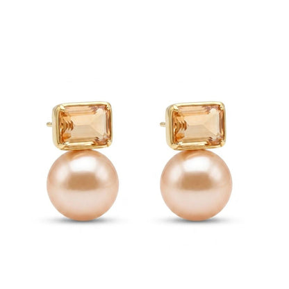 Champagne Stone & Pearl Studs - Gold